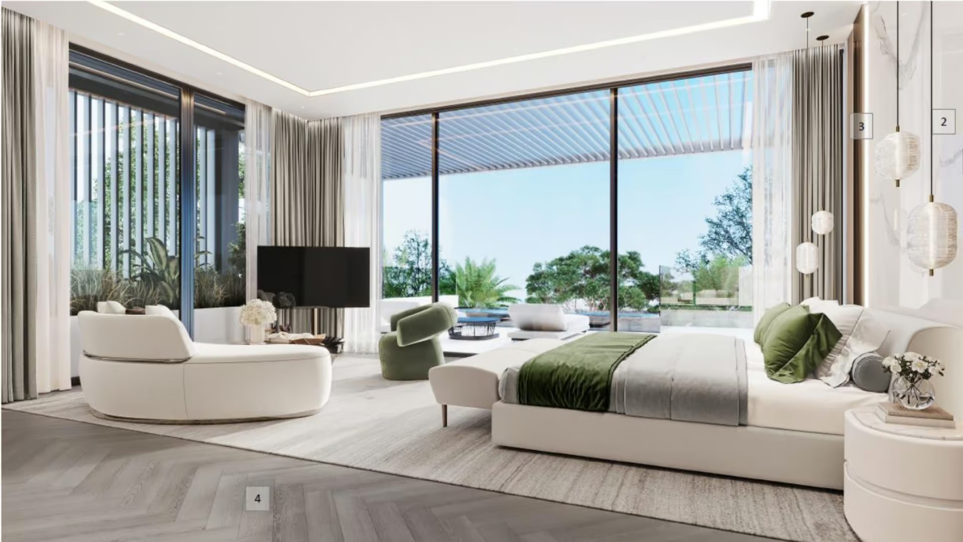 Bedroom of a luxury apartment in Dubai with a terrace over the pool